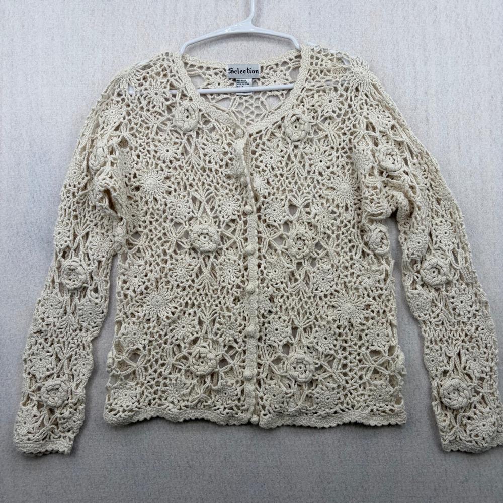 Selection Cream Floral Crochet Cardigan Ramie Cotton Knit Sweater Medium Boho